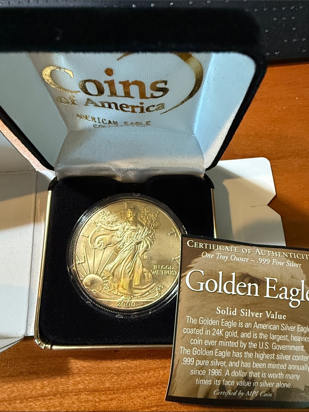 Vintage 2000 American Silver Eagle 1 oz .999 Silver - Gold Plated Gilded Edition